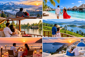 Romantic honeymoon couple enjoying a tropical beach resort at sunset.